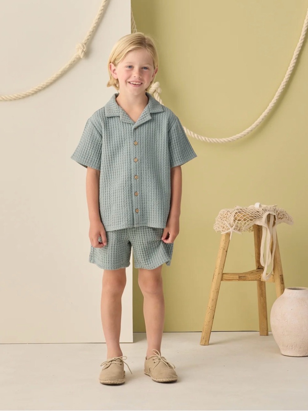 Rylee + Cru Kids Boys 2-Piece Sea Green Waffle Knit Lapel Collar Short Set 8-9Y